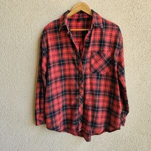 Wild Fable Oversized Flannel Plaid Red Orange Button-Up Cabincore Lagenlook Top
